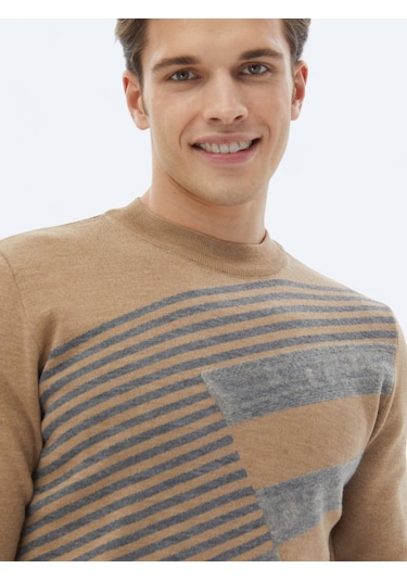 Deve Tüyü Bisiklet Yaka Desenli Yün Karışımlı Triko Kazak Bej