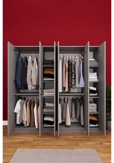 Asra Trend 6 Kapaklı Gardırop G-06 %100 MDF Çift Katlı Askılı Elbise Dolabı Kül Gri