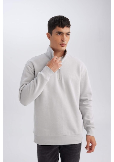 DeFacto Gri 3 İplik Pamuklu Şardonlu İçi Polarlı Comfort Regular Fit Rahat Kalıp Dik Yaka Fermuarlı Kalın Sweatshirt D9067AXNSGR253