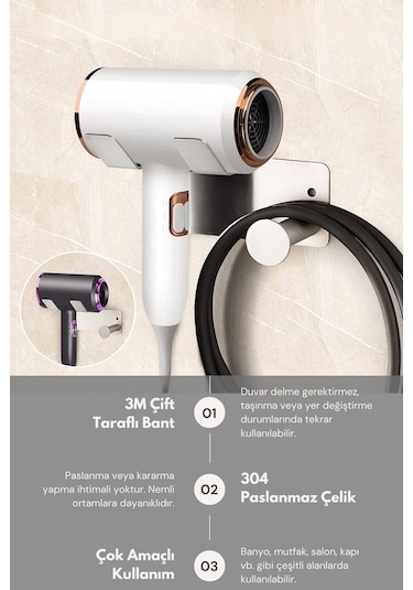 Zift Unique Paslanmaz Çelik Fön Makinesi Askısı - Saç Kurutma Makinesi Tutacağı Krom