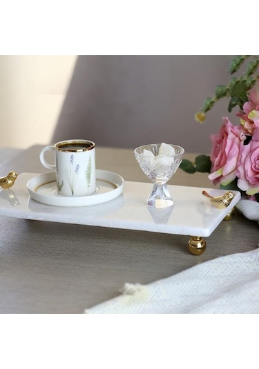 Akayev Mermer Beyaz 30X15 CM Altın Ayak Kuş Sunum Tabağı