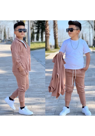 Modavals Kol Katlamalı Keten Gömlek & Beli Lastikli Keten Pantolon & Pamuklu Tshırt & Zincir Aksesuar 4lü Keten Erkek Çocuk Takım Kahverengi Modavals Kol Katlamalı Keten Gömlek & Beli Lastikli Keten Pantolon & Pamuklu Tshırt & Zincir Aksesuar 4lü Keten Erkek Çocuk Takım Kahverengi