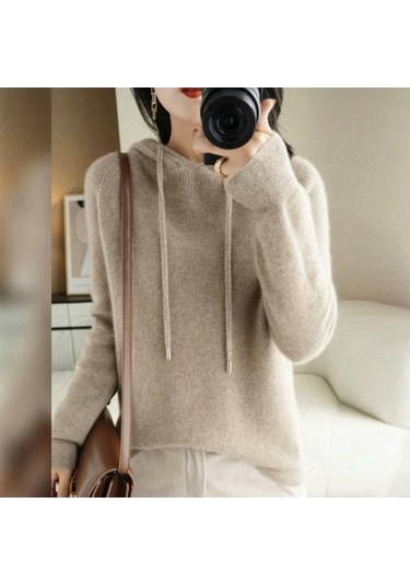 Novahub Kadın Hoodie Uzun Kollu Rahat Sıcak Düz Renk Örgü Kazak Kış Üstü Gri Renk Sonbahar Kış Giyim Gri