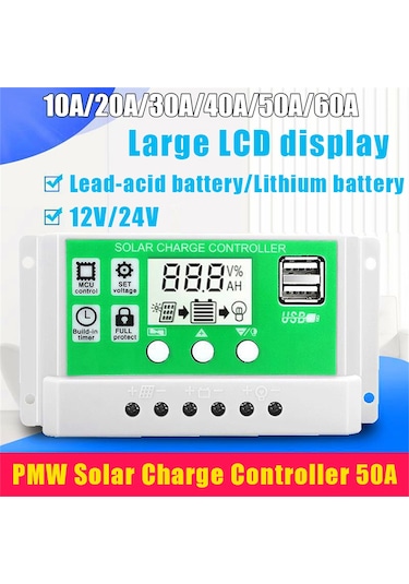 Geeroyoo 50a 12v/24v Otomatik Tanıyan Solar Kontrolör - Pwm Şarj, Aşırı Şarj Koruması, Lcd Ekran Ve 5v Usb Çıkışı Beyaz+yeşil