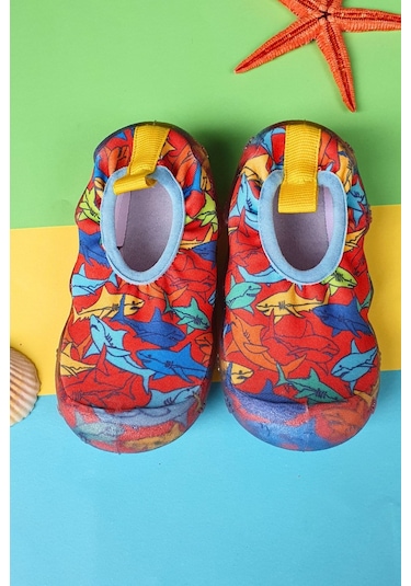 First Step Kırmızı Balıklı Erkek Çocuk Kaydırmaz Tabanlı Deniz Ayakkabısı F-7026 001