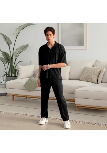 Siyah, Oversize/geniş Kesim, Dokulu Kırışmaz, Ottoman Polo Yaka T-shirt Ve Eşofman Takım Siyah