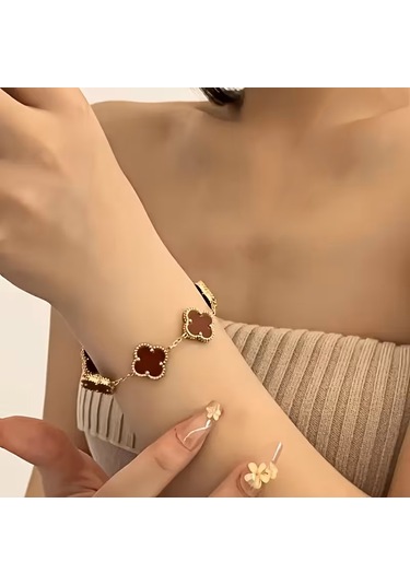 Çelik Bileklik Dört Yapraklı Küçük Yonca Bordo Sedef Taşlı Uzunluk 18 Cm Gold Altın - Gold