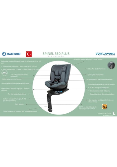 Maxi-Cosi Spinel 360 Plus İ-size Dijital Göstergeli Dönebilen Yatabilen Isofix'li 0-36 Kg Oto Koltuğu Raven