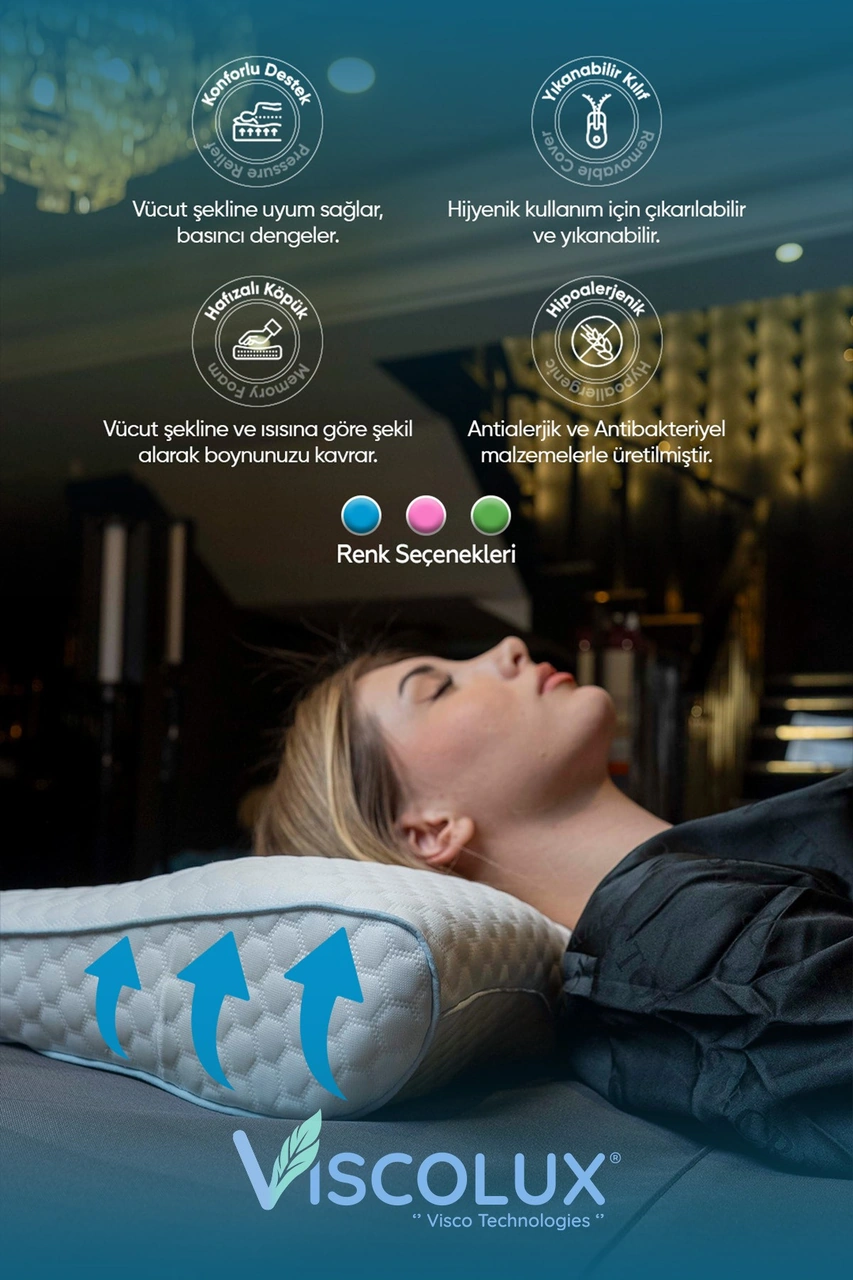 Servikal Boyun Destekli Ortopedik Yastık - Boyun Düzleşmesi Visco Yastık 56x34x10,5 Mavi