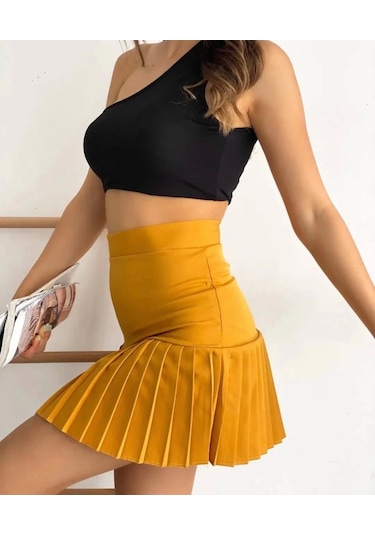 Altı Pliseli Mini Etek Hardal S24705 Hardal