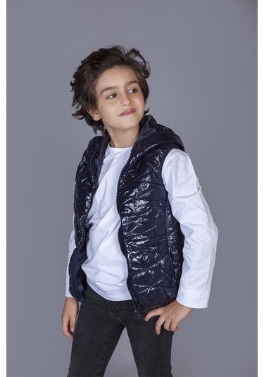 Toontoy Erkek Çocuk Kapşonlu Parlak Yelek Lacivert