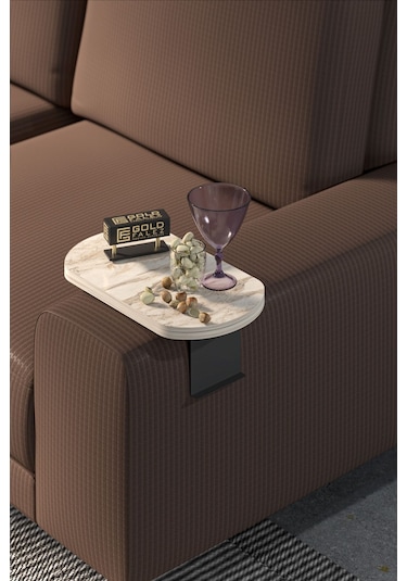 Zigon Sehpa Yan Sehpa Ayarlanabilir Tepsi Oval Dekoratif Modern Yatay Dikey Koltuk Sehpası Efes Beyaz Mermer Desen