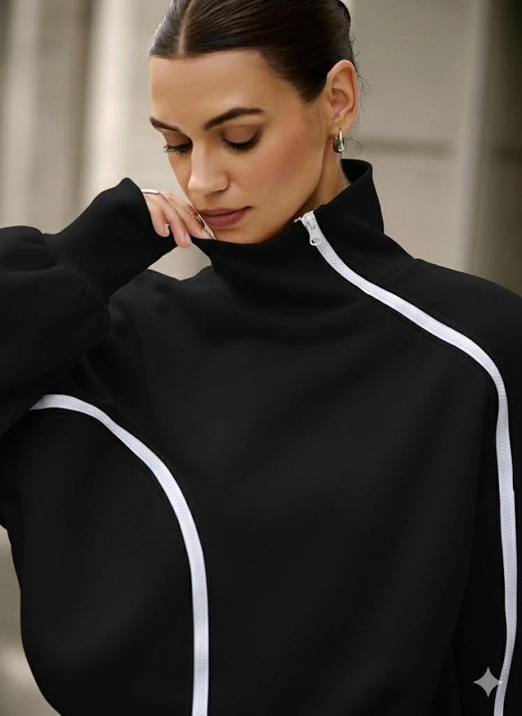 Siyah Kadın Yüksek Yaka Komple Fermuarlı Sweatshirt Spor Ve Günlük Şık Oversize Model Siyah