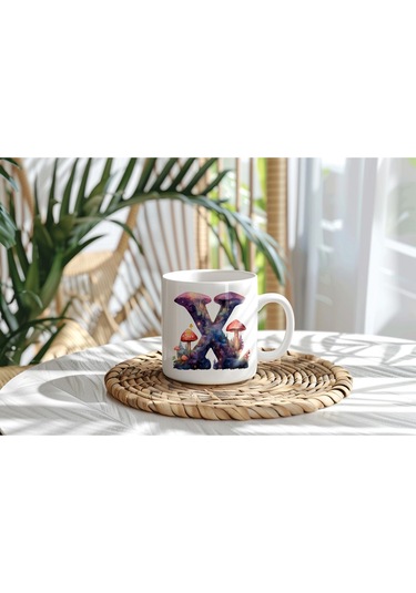 X Baş Harfi Fantastik Mantarlı Kupa Bardak - Kişiye Özel Masalsı Bardak - Hediye Beyaz