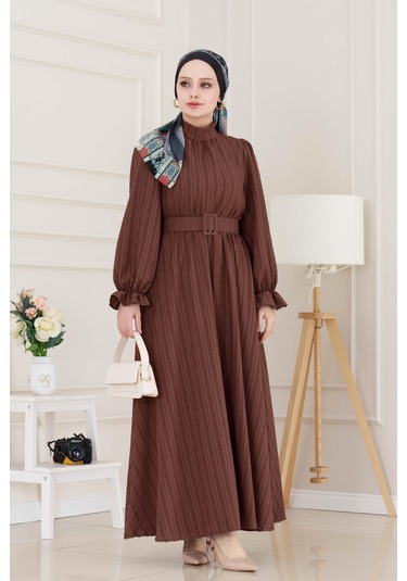 Kolu Volanlı Kemerli Henna Elbise-kahverengi-5054 Kahverengi