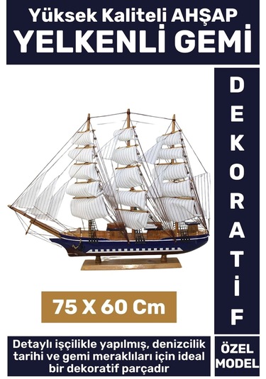 Premium Yüksek Kaliteli Dekoratif Ev Ofis Hediyelik Denizci Koleksiyon Ahşap Yelkenli Gemi 75x60 Cm