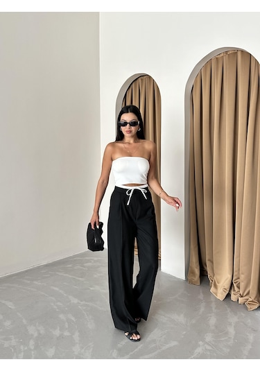 Siyah Bel Bantı Detaylı Yan Fermuarlı Pantolon Siyah