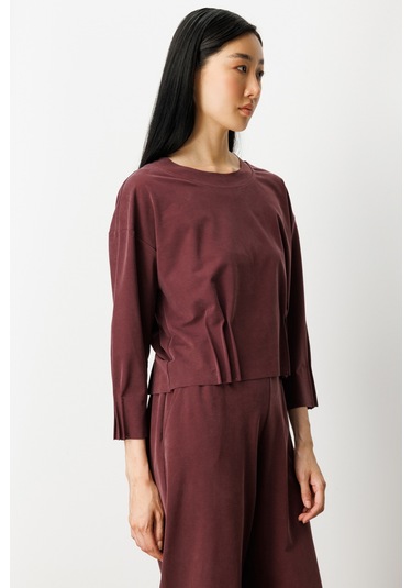 On Kadın Pile Detaylı Sıfır Yaka Bluz 64408 Bordo Bordo