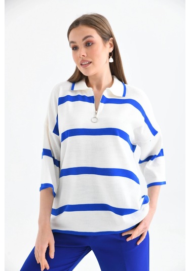 Polo Yaka Fermuarlı Çizgili Salaş Mevsimlik Trko Kazak Saks Saks Mavisi