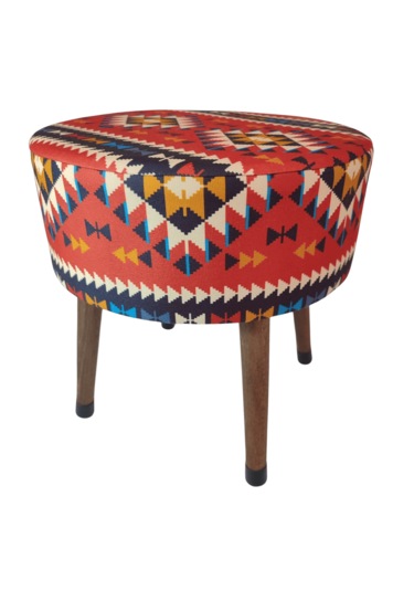 Ustaagac Puf Koltuk Bench Tabure Anadolu Kilim Al- Ahşap Ayaklı Kırmızı - Beyaz
