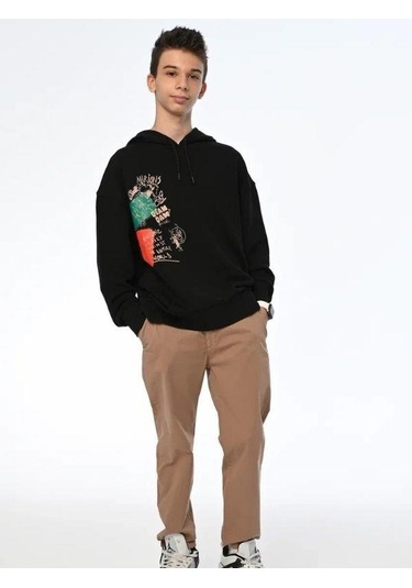 Çocuk Family World Yazıılı Kapüşonlu Sweatshirt-13545 Siyah