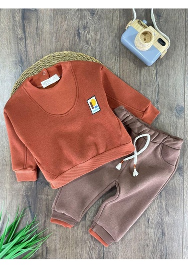 3 İplik İçi Şardonlu Armalı Kışlık Erkek Bebek Takım Kızıl Taba