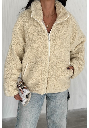 Kadın Fermuarlı Oversize Astarlı Peluş Ceket Yumuşak Dokulu & Konforlu Stil Bej