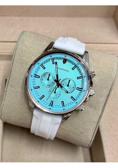 Gümüş Renk Kasa Şık Mavi Kadranlı Beyaz Silikon Kordon Spor Saat Hediye İçin Parlak Ve Spor Tasarım Gümüş