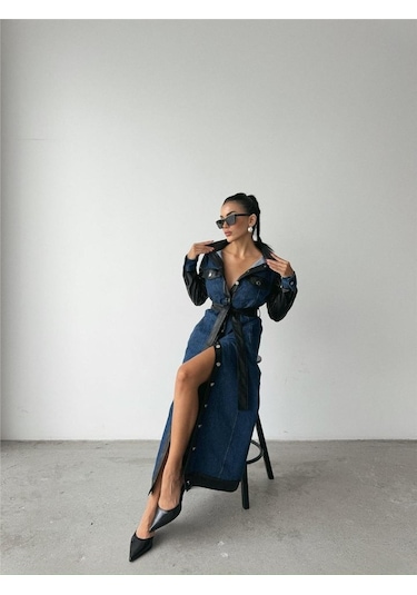 The İstanbul Kot Elbise Uzun Önden Düğmeli - Mavi Mavi