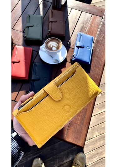 Yellow Peony Hakiki Deri Telefon Cüzdanı Sarı