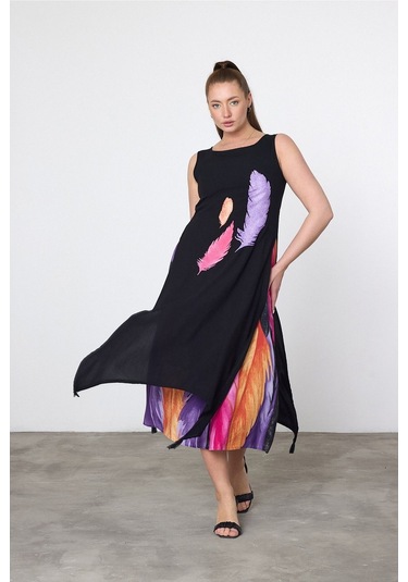 Schık Kadın Yazlık Bol Kolsuz Rahat Baskılı Elbise Lila