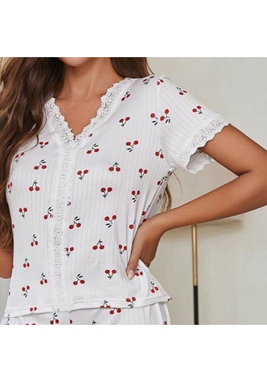 2 Adet/set Pijama Takımı Dantel Eklemeli V Yaka Kısa Kollu Üst Kiraz Baskılı Konfor Ev Giyim Kıyafeti Günlük Üst Şort Pijama Takımı Beyaz