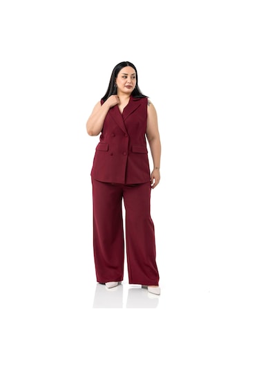 Büyük Beden Kaplama Düğmeli Yelek Pantolon Bordo İkili Takım Bordo