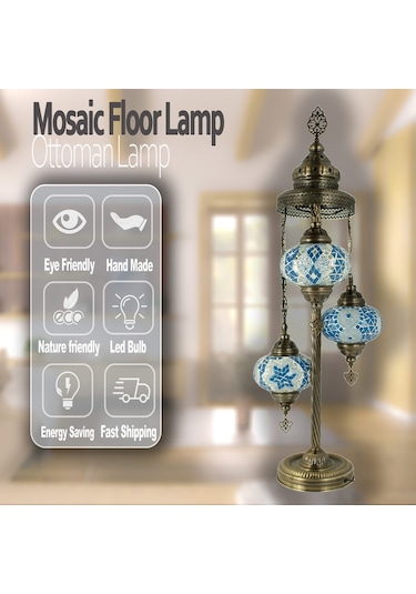 Mozaik 3'lü Lambader, Köşe Lambası, Otantik Osmanlı Lambaları, Dekoratif Ev Aydınlatmaları Lambader