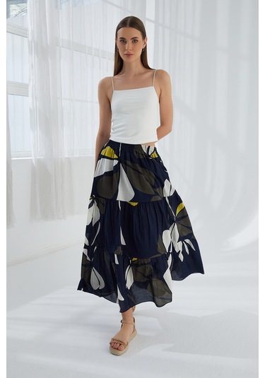 Modaplaza Kadın Fırfırlı Uzun Etek- Çok Renkli K20YGLSFIRETKLACİ HAKİ Haki - Lacivert