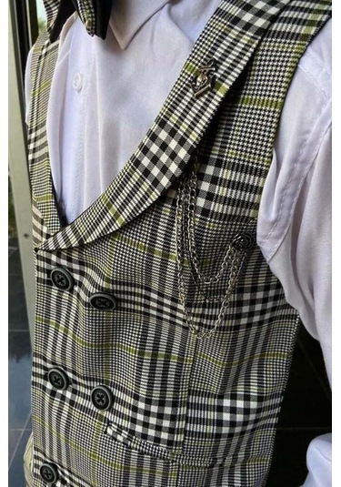 Riccotarz Erkek Çocuk Kare Desen Ve Şal Yaka Yelekli Yeşil Takım Elbise Yeşil