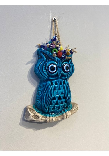 El Yapımı Nazar Boncuğu, Duvar Dekorasyon Ürünü, Seramik, El İşçiliği, Turkuaz Renkte Baykuş Desenli -