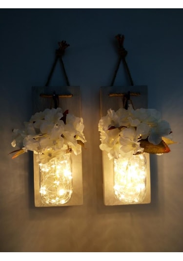 Cajuart Dekoratif İkili Kavanoz Yapay Çiçek Peri Led I Aplik Sarı