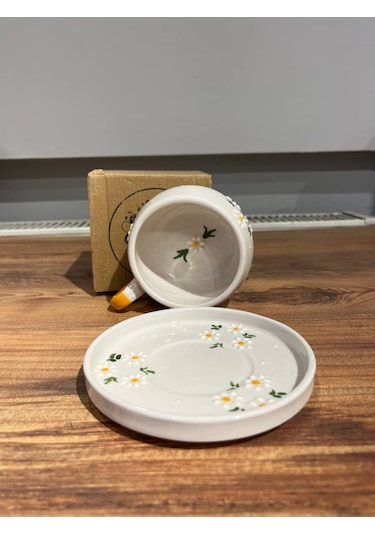 Seramik El Yapımı Fincan Takımı 2'li Set Üçlü Papatya Desenli Beyaz - Sarı