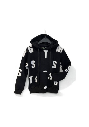 Çocuk Harf Baskılı Şardonlu Kapuşonlu Sweatshirt-15195 Siyah
