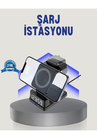 Kablosuz Şarj Cihazı Ve Dijital Saat - 4 Ü 1 Arada Hızlı Şarj, Apple Uyumlu, Led Işıklı Tasarım