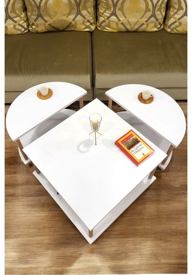 Çevir Kur 3'ü 1 Arada 2 Raflı Orta Sehpa Ve Dekoratif Yan Sehpa Gazetelikli Beyaz