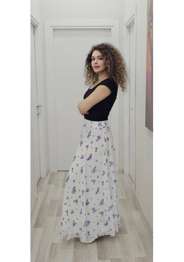 Bel Lastikli Kloş Şifon Etek 6003-beyaz/lila Beyaz/lila Beyaz - Lila