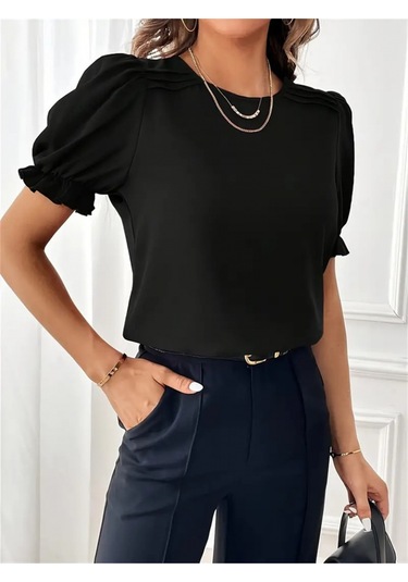 Kadın Kısa Kollu Bisiklet Yaka Kolları Gipeli Ithal Krep Bluz Siyah