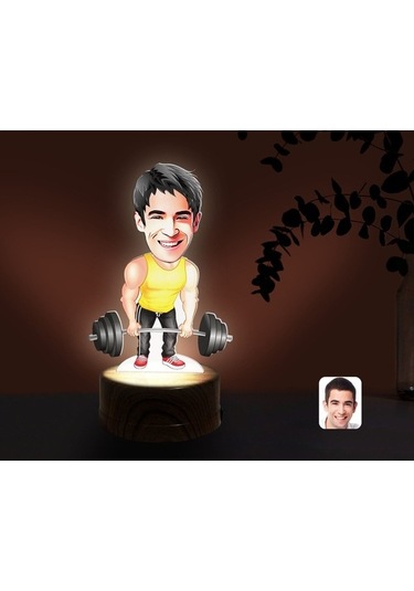 Kişiye Özel Erkek Halterci Karikatürlü Dekoratif 3D Biblo Led Işı