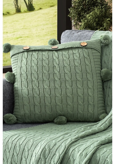 Ponponlu Triko Örme Kırlent Kılıfı - 40x40 Cm Kare Yastık Kılıfı Mıntyesılı Mint Yeşili