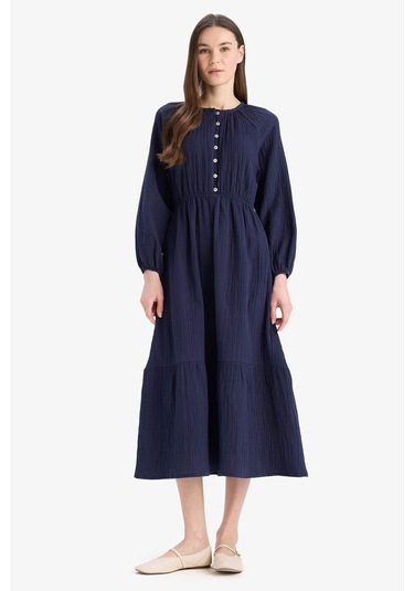 DeFacto Relax Fit Bisiklet Yaka Müslin Uzun Kollu Maxi Elbise D0570AX25SMNV31