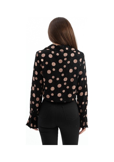 Omuzları Vatkalı Kolları Volanlı Puantiyeli Saten Gömlek - Siyah-camel-siyah-camel Camel - Siyah
