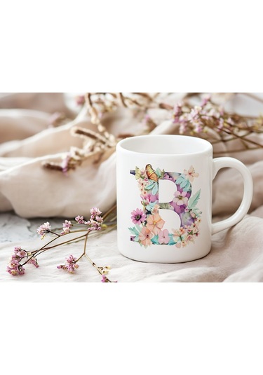 B Harfi Çiçekli Kupa Bardak - Soft Renk Çiçek Ve Kelebek Desenli Zarif Kahve Kupası - Bohem Beyaz