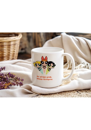 Powerpuff Girls Kız Gücüyle Geldik Dünyayı Titretiyoruz Yazılı Kupa Bardak - Arkadaş Temalı Hediye Beyaz